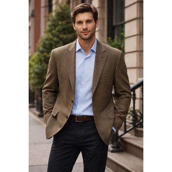 Hart Schaffner Marx Sport Coat Brown‎ Mens 44L Tweed Plaid Inner Pocket Lined